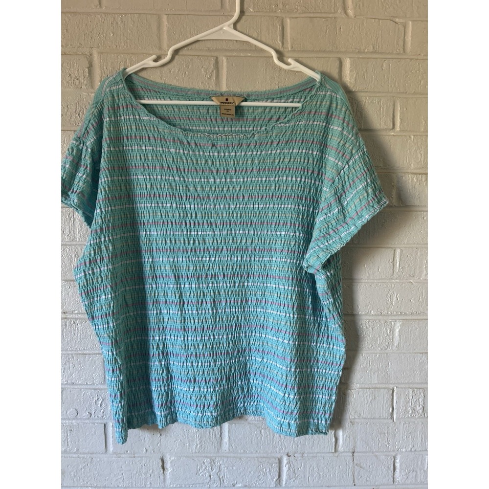 Woolrich Womens XL Blue Striped Crinkle Top Lightweight Coastal Casual Blouse SS
